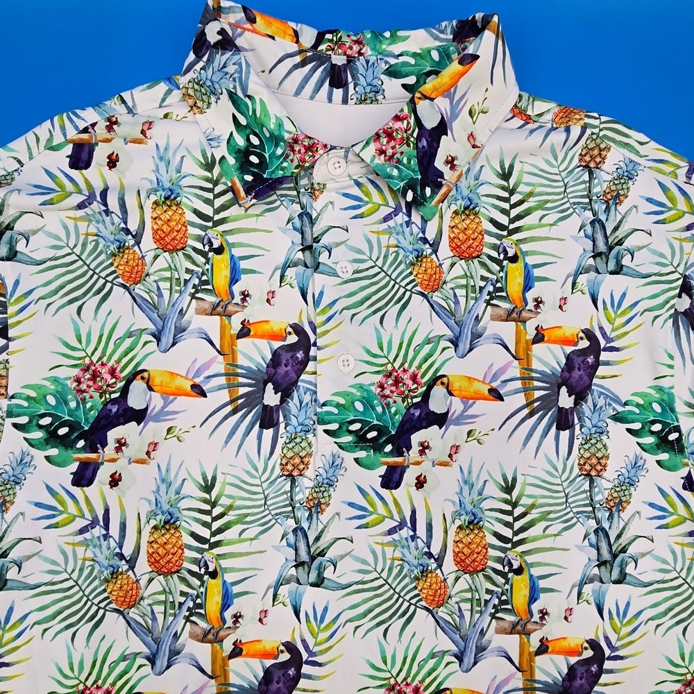Royal & Awesome Mens L Golf Polo Shirt Tropical Toucan Pineapple‎ Floral White